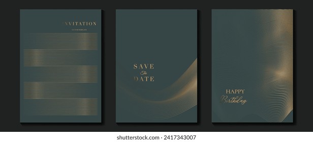 Luxury invitation card background vector. Golden line elegant, wavy, curve on dark gray background. Premium design illustration for gala card, grand opening, party invitation, wedding.