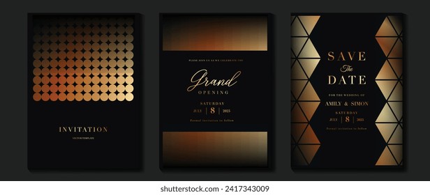 Luxury invitation card background vector. Golden elegant geometric shape pattern on dark background. Premium design illustration for gala card, grand opening, party invitation, wedding.