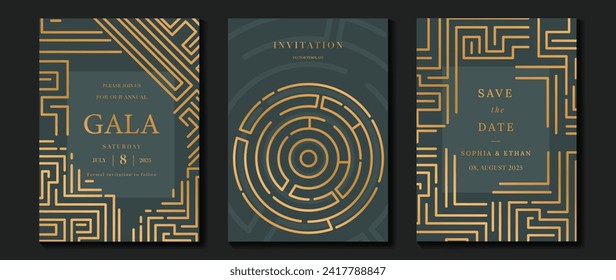 Luxury invitation card background vector. Elegant classic antique design, gold lines gradient, geometric shape on gray background. Premium design illustration for gala card, grand opening, art deco.