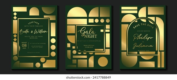 Luxury invitation card background vector. Elegant classic antique design, gold geometric shape gradient on green background. Premium design illustration for gala card, grand opening, art deco.