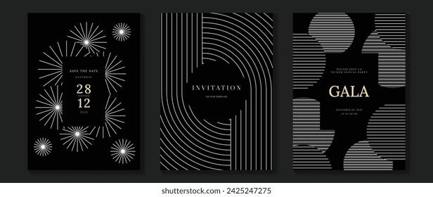 Luxury invitation card background vector. White geometric shape, lines, firework on dark background. Premium design illustration for gala card, grand opening, party invitation, wedding.