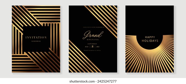 Tarjeta de invitación de lujo vector de fondo. Forma geométrica elegante dorada, degradado de líneas doradas sobre fondo oscuro. Ilustración de diseño premium para tarjeta de gala, gran apertura, invitación de fiesta, boda.