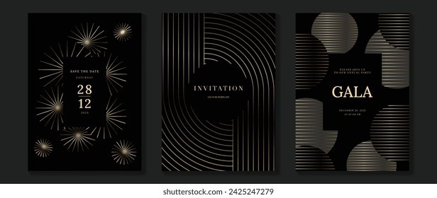 Luxury invitation card background vector. Golden elegant geometric shape, gold lines gradient, firework on dark background. Premium design illustration for gala card, grand opening, wedding.