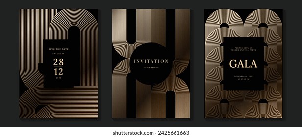 Tarjeta de invitación de lujo vector de fondo. Patrón de línea de oro ondulado elegante dorado sobre fondo oscuro. Ilustración de diseño premium para la boda y plantilla de portada vip, gran apertura.