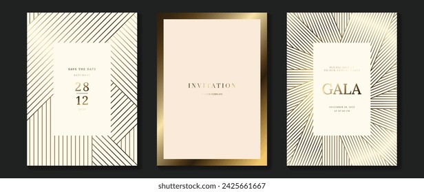 Luxury invitation card background vector. Golden elegant wavy gold line pattern on light background. Premium design illustration for wedding and vip cover template, grand opening.