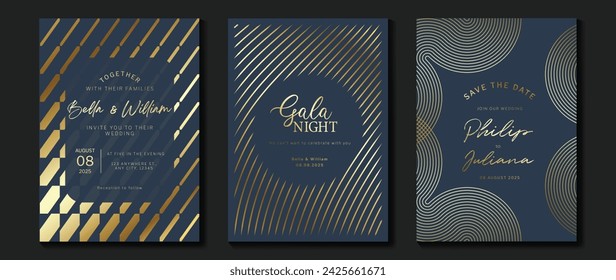 Luxury invitation card background vector. Golden elegant wavy gold line pattern on blue background. Premium design illustration for wedding and vip cover template, grand opening.