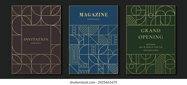 Luxury invitation card background vector. Elegant classic antique design, gold lines gradient on brown, blue and green background. Premium design illustration for gala card, grand opening, art deco.