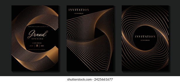 Luxury invitation card background vector. Golden elegant wavy gold line pattern on dark background. Premium design illustration for wedding and vip cover template, grand opening.