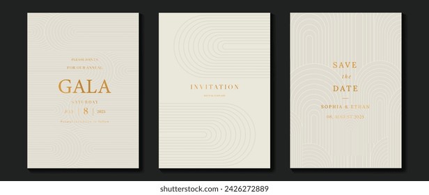 Luxury invitation card background vector. Golden elegant wavy gold line pattern on light background. Premium design illustration for wedding and vip cover template, grand opening.