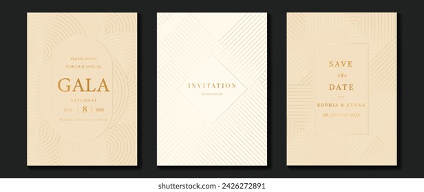 Luxury invitation card background vector. Golden elegant wavy gold line pattern on light background. Premium design illustration for wedding and vip cover template, grand opening.