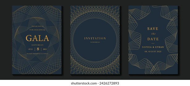 Tarjeta de invitación de lujo vector de fondo. Patrón de línea de oro ondulado elegante dorado sobre fondo azul marino. Ilustración de diseño premium para la boda y plantilla de portada vip, gran apertura.