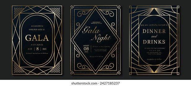 Tarjeta de invitación de lujo vector de fondo. Forma geométrica elegante dorada, degradado de líneas doradas sobre fondo degradado azul oscuro. Ilustración de diseño premium para tarjeta de gala, gran apertura, boda.