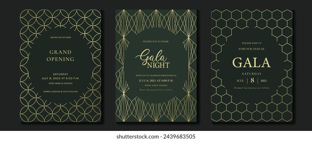 Luxury invitation card background vector. Elegant classic antique design, gold lines gradient on green background. Premium design illustration for gala card, grand opening, art deco.