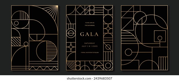 Tarjeta de invitación de lujo vector de fondo. Elegante diseño clásico antiguo, degradado de líneas doradas sobre fondo oscuro. Ilustración de diseño premium para tarjeta de gala, gran inauguración, art deco.