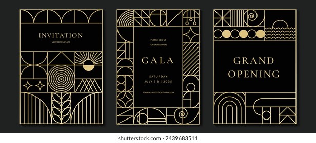 Luxury invitation card background vector. Elegant classic antique design, gold lines gradient on dark background. Premium design illustration for gala card, grand opening, art deco.