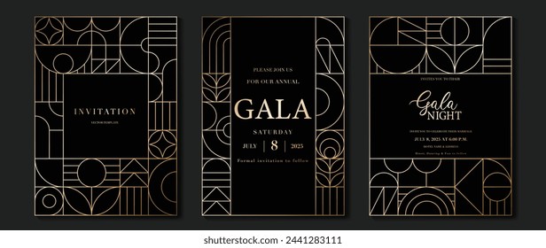 Luxury invitation card background vector. Elegant classic antique design, gold lines gradient on dark background. Premium design illustration for gala card, grand opening, art deco.