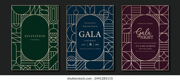 Luxury invitation card background vector. Elegant classic antique design, gold lines gradient on green, blue and brown background. Premium design illustration for gala card, grand opening, art deco.