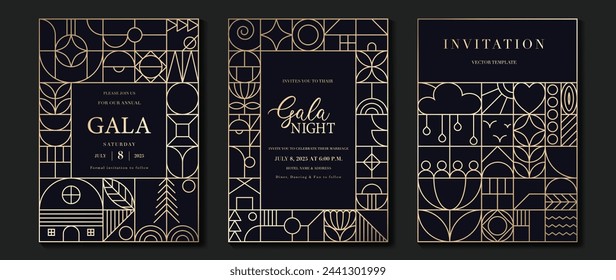 Luxury invitation card background vector. Elegant classic antique design, gold lines gradient on dark blue background. Premium design illustration for gala card, grand opening, art deco.