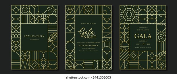 Tarjeta de invitación de lujo vector de fondo. Elegante diseño clásico antiguo, degradado de líneas doradas sobre fondo verde oscuro. Ilustración de diseño premium para tarjeta de gala, gran inauguración, art deco.