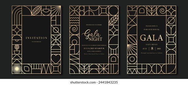 Tarjeta de invitación de lujo vector de fondo. Elegante diseño clásico antiguo, degradado de líneas doradas sobre fondo oscuro. Ilustración de diseño premium para tarjeta de gala, gran inauguración, art deco.