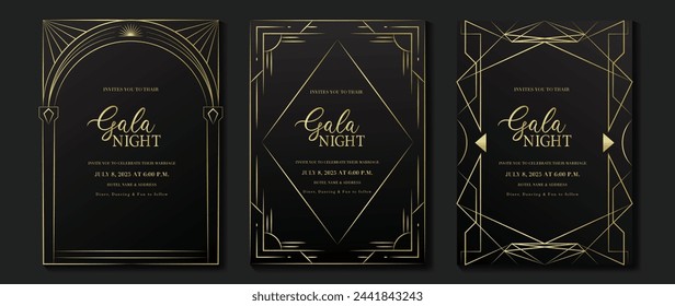 Tarjeta de invitación de lujo vector de fondo. Elegante diseño clásico antiguo, degradado de líneas doradas sobre fondo oscuro. Ilustración de diseño premium para tarjeta de gala, gran inauguración, art deco.