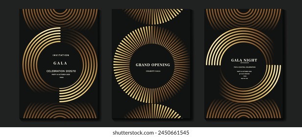 Vector de fondo de tarjeta de invitación de lujo. Forma geométrica elegante dorada, degradado de líneas doradas sobre fondo oscuro. Ilustración de diseño de Premium para tarjeta de gala, gran apertura, boda, invitación de fiesta.