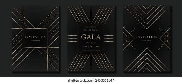 Vector de fondo de tarjeta de invitación de lujo. Forma geométrica elegante dorada, degradado de líneas doradas sobre fondo oscuro. Ilustración de diseño de Premium para tarjeta de gala, gran apertura, boda, invitación de fiesta.