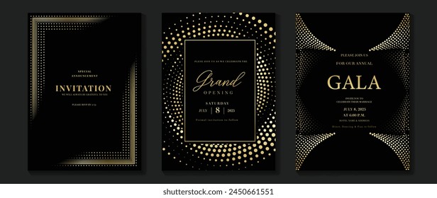 Luxury invitation card background vector. Golden elegant geometric shape, gold lines gradient on dark background. Premium design illustration for gala card, grand opening, wedding, party invitation.