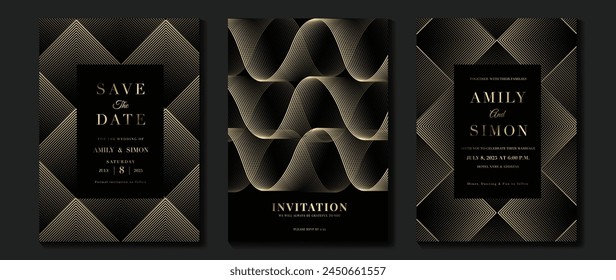 Luxury invitation card background vector. Golden elegant geometric shape, gold lines gradient on dark background. Premium design illustration for gala card, grand opening, wedding, party invitation.