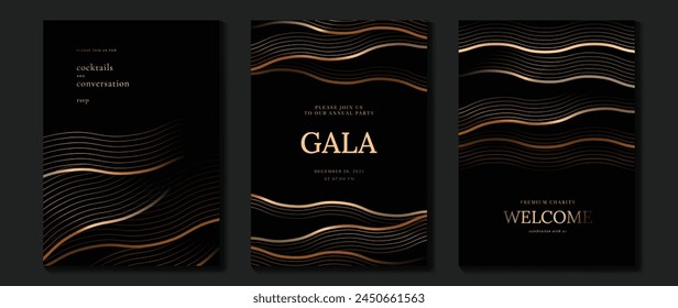 Luxury invitation card background vector. Golden elegant geometric shape, gold lines gradient on dark background. Premium design illustration for gala card, grand opening, wedding, party invitation.