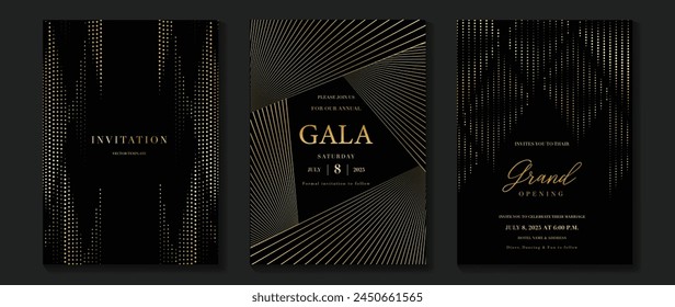 Luxury invitation card background vector. Golden elegant geometric shape, gold lines gradient on dark background. Premium design illustration for gala card, grand opening, wedding, party invitation.