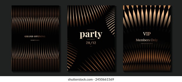 Luxury invitation card background vector. Golden elegant geometric shape, gold lines gradient on dark background. Premium design illustration for gala card, grand opening, wedding, party invitation.