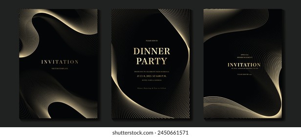 Luxury invitation card background vector. Golden elegant geometric shape, gold lines gradient on dark background. Premium design illustration for gala card, grand opening, wedding, party invitation.