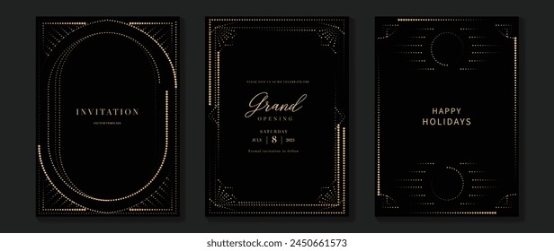 Luxury invitation card background vector. Golden elegant geometric shape, gold lines gradient on dark background. Premium design illustration for gala card, grand opening, wedding, party invitation.