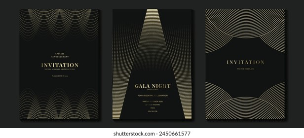 Vector de fondo de tarjeta de invitación de lujo. Forma geométrica elegante dorada, degradado de líneas doradas sobre fondo oscuro. Ilustración de diseño de Premium para tarjeta de gala, gran apertura, boda, invitación de fiesta.