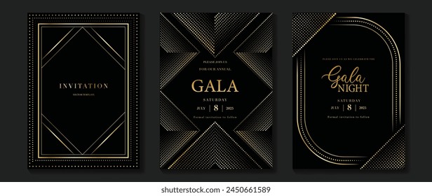 Luxury invitation card background vector. Golden elegant geometric shape, gold lines gradient on dark background. Premium design illustration for gala card, grand opening, wedding, party invitation.