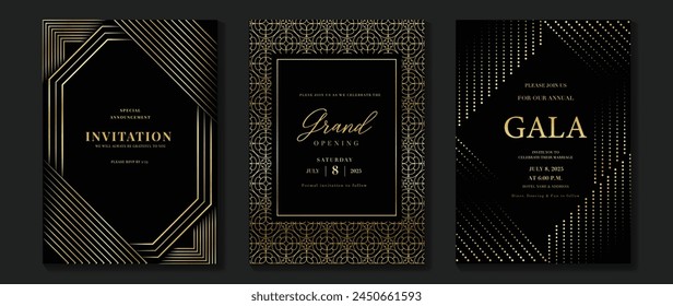 Vector de fondo de tarjeta de invitación de lujo. Forma geométrica elegante dorada, degradado de líneas doradas sobre fondo oscuro. Ilustración de diseño de Premium para tarjeta de gala, gran apertura, boda, invitación de fiesta.