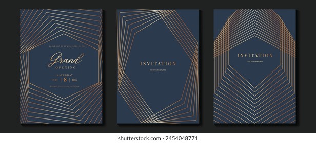 Luxury invitation card background vector. Golden elegant geometric shape, gold lines gradient on navy background. Premium design illustration for gala card, grand opening, wedding, party invitation.