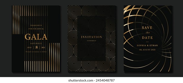 Luxury invitation card background vector. Golden elegant geometric shape, gold lines gradient on dark background. Premium design illustration for gala card, grand opening, wedding, party invitation.