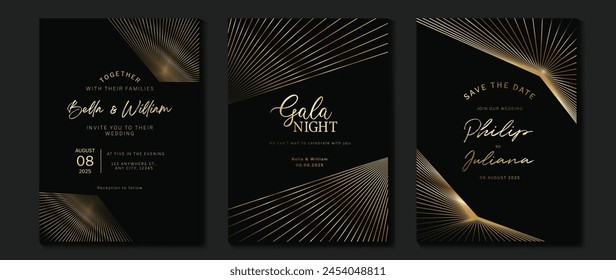 Vector de fondo de tarjeta de invitación de lujo. Forma geométrica elegante dorada, degradado de líneas doradas sobre fondo oscuro. Ilustración de diseño de Premium para tarjeta de gala, gran apertura, boda, invitación de fiesta.