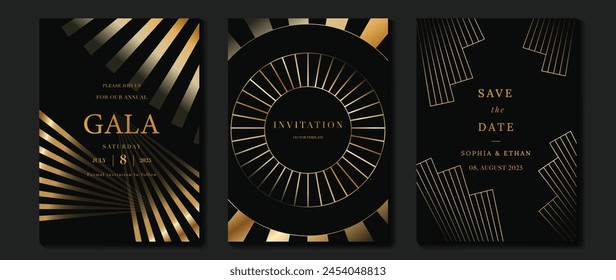 Luxury invitation card background vector. Golden elegant geometric shape, gold lines gradient on dark background. Premium design illustration for gala card, grand opening, wedding, party invitation.