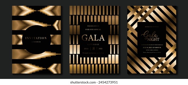 Luxury invitation card background vector. Golden elegant geometric shape, gold lines gradient on dark background. Premium design illustration for gala card, grand opening, wedding, party invitation.