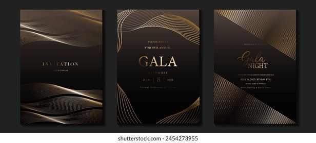 Luxury invitation card background vector. Golden elegant geometric shape, gold lines gradient on dark background. Premium design illustration for gala card, grand opening, wedding, party invitation.