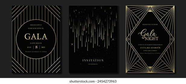 Vector de fondo de tarjeta de invitación de lujo. Forma geométrica elegante dorada, degradado de líneas doradas sobre fondo oscuro. Ilustración de diseño de Premium para tarjeta de gala, gran apertura, boda, invitación de fiesta.