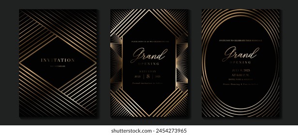 Luxury invitation card background vector. Golden elegant geometric shape, gold lines gradient on dark background. Premium design illustration for gala card, grand opening, wedding, party invitation.