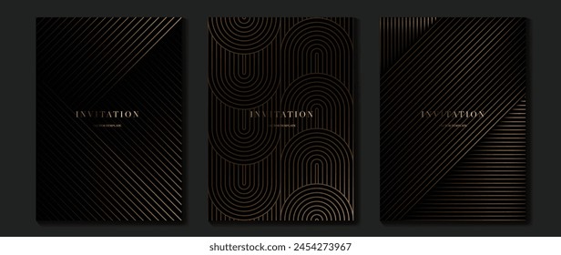 Vector de fondo de tarjeta de invitación de lujo. Forma geométrica elegante dorada, degradado de líneas doradas sobre fondo oscuro. Ilustración de diseño de Premium para tarjeta de gala, gran apertura, boda, invitación de fiesta.