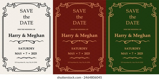 Luxury invitation card background vector. Elegant classic antique design, gold lines , sparkle on a green or red background. Premium design illustration for gala card, grand opening, art deco magazine