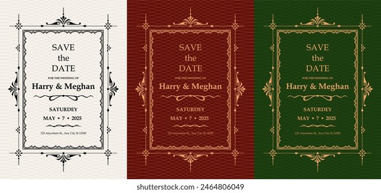 Luxury invitation card background vector. Elegant classic antique design, gold lines , sparkle on a green or red background. Premium design illustration for gala card, grand opening, art deco magazine