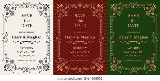 Luxury invitation card background vector. Elegant classic antique design, gold lines , sparkle on a green or red background. Premium design illustration for gala card, grand opening, art deco magazine