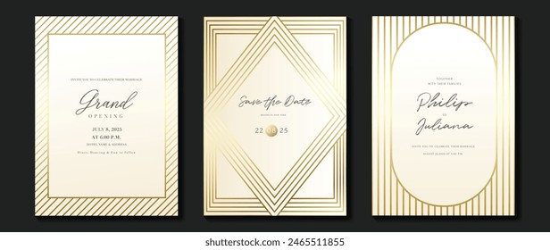 Luxury invitation card background vector. Golden elegant geometric shape, gold lines gradient on light background. Premium design illustration for gala, grand opening, party invitation, wedding.